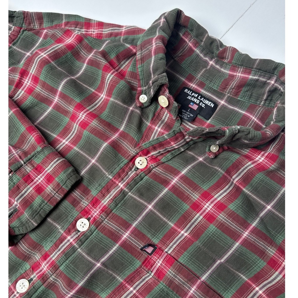 Ralph Lauren Jeans Co Mens Large Green Red Plaid Cotton Button Down Shirt L